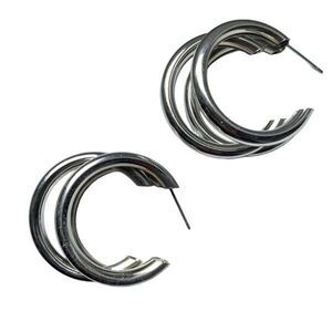 Men’s Hollow Triple Hoop Silver Tone Earrings Tri Hoop Earrings